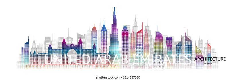 El rascacielos del paisaje urbano de arquitectura moderna Los emiratos árabes unidos se centran en el arte colorido asiático. Capital popular del panorama de viajes.