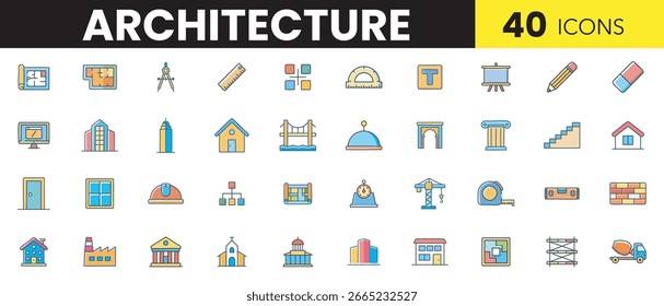 Modern Architecture Color Icon Set  Building, Design and Construction Symbols