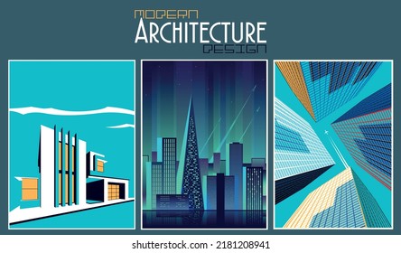 Modern Architecture Design Posters Set. Cityscape Abstract Illustrations