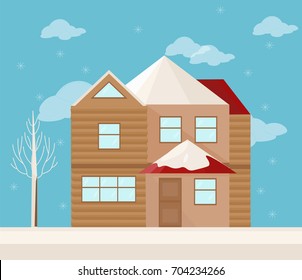 Modern architecture facade of a house. Winter background Vector illustration