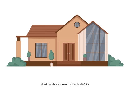 Modern architecture of home with large windows. Vector isolated cottage exterior with porch and potted trees. Construction in city, real estate or housing. Property or household residence