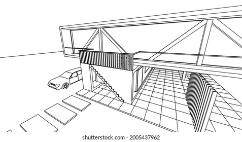 modernes Architekturhaus mit Konsolen 3D-Rendering