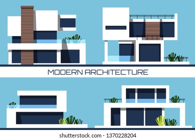 Modern architecture house, villa, cottage exterior. Luxury real estate for rend and summer resort. Vector set.