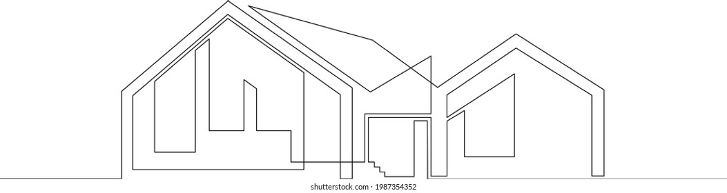 Modern architecture of houses.One continuous line.Residential private house.One continuous drawing line logo isolated minimal illustration.