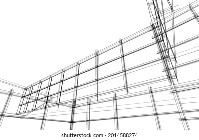 modern architecture line drawing on white background 3d illustration