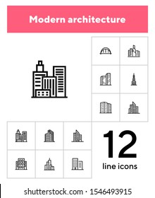 Modern architecture line icon set. Apartment house, skyscraper, office, arc bridge. Urban life concept. Can be used for topics like big city, downtown, business center