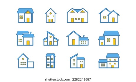 Modern Architecture Line Icons - Vector Illustration Set for Real Estate and Property Designs, House collection with blue and yellow colors