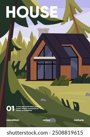 Modern architecture poster. Contemporary lodge in forest. Barn house on woodland landscape. Wooden building exterior, home facade front view. Cottage for summer vacation. Flat vector illustration