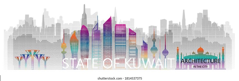 Modern architecture skyscraper in Kuwait with halftone colorful in asia. Travel Kuwait city architecture landmarks in famous capital city of Asia on white background. Travel panorama popular capital.