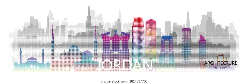 Modern architecture skyscrapers in Jordan with halftone colorful of Asia. Tour Amman architectural landmarks famous city of petra in Asia on a white background. Tour Jordan with panoramic popular city