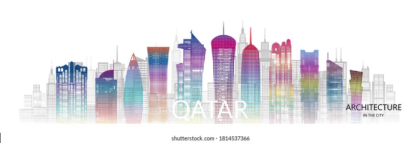 Modern architecture skyscrapers in Qatar with colorful of Asia. Tour  Qatar architectural landmarks famous city of Doha in Asia on a white background. Tour Qatar with panoramic popular capital city.