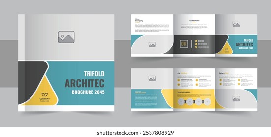 Modern architecture square trifold brochure template design or Construction, renovation, corporate square tri fold brochure template layout. Construction and renovation square trifold