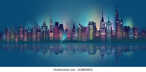 Modern architecture and technology neon in downtown skyscraper background, Cityscape skyline panorama view building futuristic, Vector illustration design network communication in city on dark blue.