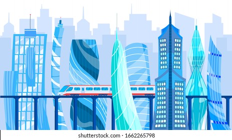 Modern architecture and transport in metropolis, vector illustration. Train crossing railway bridge between glass skyscrapers in futuristic city. Metropolis skyline, financial center of modern country