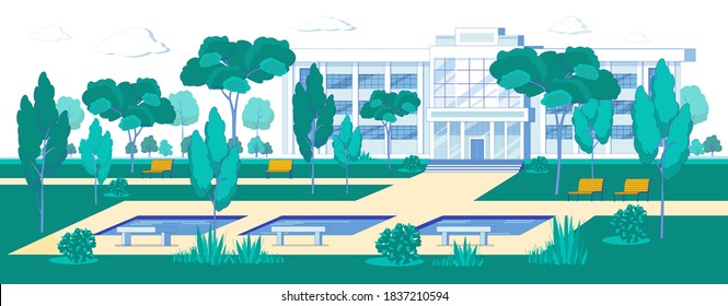 Modern Architecture University Building and Campus Park Background. Students Learning or Administrative Building Exterior and Courtyard with Benches and Trees. Flat Cartoon Vector Illustration.