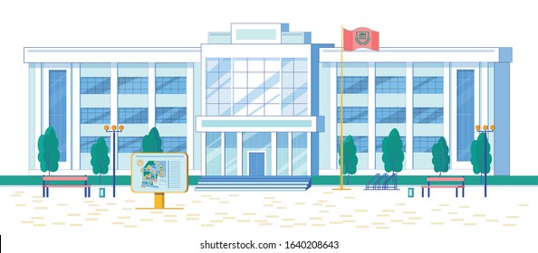 Modern Architecture University Or College Multi Storey House Facade. Contemporary Major Educational Institution Exterior. Students Campus Administrative Building. Flat Cartoon Vector Illustration.