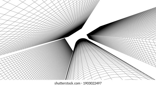 Estructura alambrada de arquitectura moderna, Antecedentes arquitectónicos abstractos, Ilustración 3D