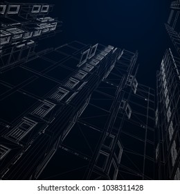 Modern architecture wireframe. Concept of urban wireframe. Wireframe building illustration of architecture CAD drawing.