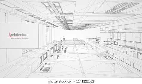 Modern architecture wireframe. Concept of urban wireframe. Wireframe building illustration of architecture CAD drawing.