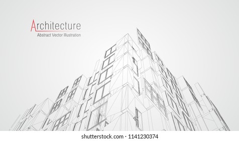 Modern Architecture Wireframe. Concept Of Urban Wireframe. Wireframe Building Illustration Of Architecture CAD Drawing.