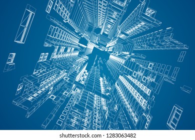 Modern architecture wireframe. Concept of urban wireframe. Wireframe building illustration of architecture CAD drawing.