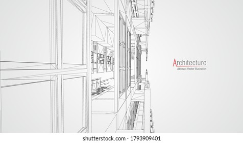 Moderna arquitectura con wireframe. Concepto de wireframe urbana. Ilustración de la construcción de la estructura de alambre del dibujo CAD de la arquitectura.
