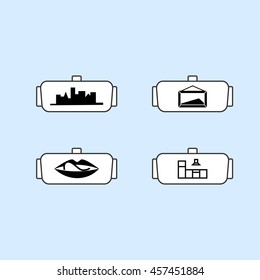 Modern areas of use VR headset as icons for web: walk through the city and museum, selection of furniture in the apartment, virtual sex video.