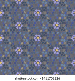 Modern argyle pattern ditzy floral motif simple monochromatic arrangement. All over tiny flowers gold, lavender blue colors high fashion trend design. Minimal geometric mono print block for textile.