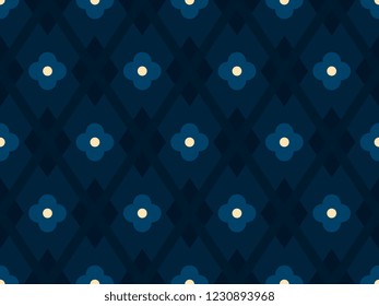 Modern argyle pattern. Minimal geometric allover diamond motif for cloth fabric, interior textile, phone case. Seamless indigo floral ornament. Small medallion simple design. Decorative printing block