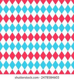 Moderne argyle nahtlose Muster. Harlekin-Raute Hintergründe. Geometrische Zirkuskulissen. Karierte Diamanttexturen. Rot-blaue Rautenplaid-Drucke. Vektorillustration.