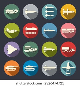 Modernes Rüstungsflachen Vektorsymbol. Artillerie, Flugkörper, Flugzeugsystemsymbole. Kriegswaffen.