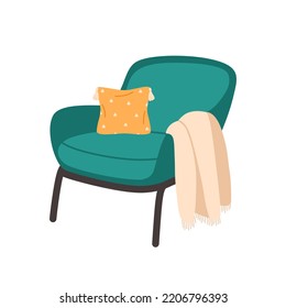 Modern armchair with blanket and decorative pillow. Cozy modern comfortable furniture in hygge style. Hand drawn vector illustration