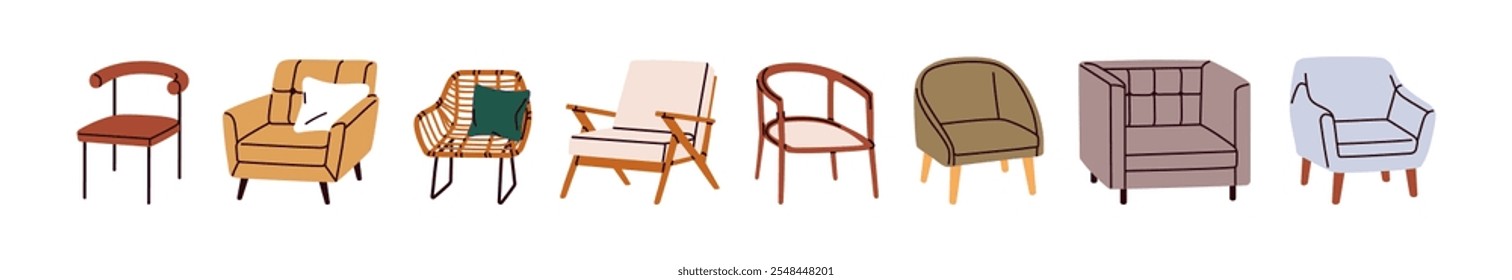 Modernos diseños de sillones y sillas. Cómodas Vacantes de madera y tapicería. Colección de muebles de salón para interiores de estilo moderno. Ilustración vectorial plana aislada sobre fondo blanco