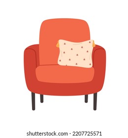 Sillón moderno con almohada decorativa. Mobiliario cómodo y acogedor de estilo hígge. Ilustración vectorial dibujada por mano