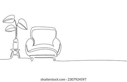 Modern armchair and houseplant in pot. One line continuous abstract conception of interior. Line art, outline, silhouette, vector illustration.