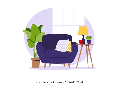 Modern armchair with mini table. Interior of the living room with furniture. Flat cartoon style. Vector illustration.