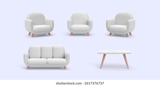 Modern Armchair and Sofa Set with Coffee Table in Minimalist 3d Style. Soft White Furniture with Wooden Legs on Pastel Background for Interior Projects. Vector Illustration.