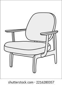 Modern armchair in trendy scandinavian or hygge style. Hand drawn in a linear style. Monochrome vector illustration