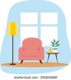 Modern armchair with window,  lamp and table. Vector illustration in flat style.