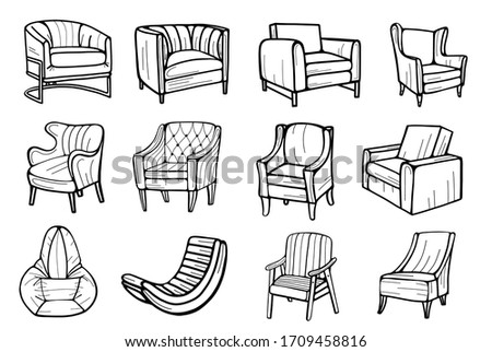 Modern armchairs and chairs . Collection of hand-drawn illustrations