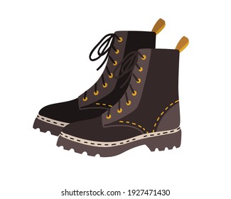 Modern army or combat boots with flat sole and laces. Side view of fashion women footwear in military style. Colored vector illustration of trendy shoes isolated on white background