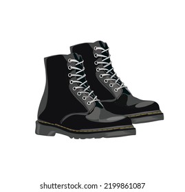 Modern Army Or Combat Boots. Side View Of Fashion Women Or Men Footwear In Military Style. Colored Vector Illustration Of Trendy Shoes Isolated On White Background.