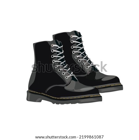 Modern army or combat boots. Side view of fashion women or men footwear in military style. Colored vector illustration of trendy shoes isolated on white background.