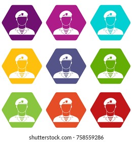 Modern army soldier icon set many color hexahedron isolated on white vector illustration