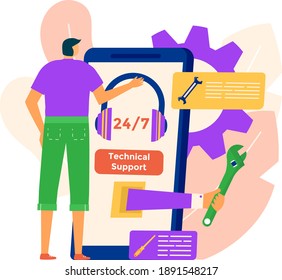 Moderno soporte técnico en línea las 24 horas del día, diminuto personaje masculino de asistencia remota ilustración vectorial plana, aislado en blanco. Concepto de aplicación de teléfono móvil, servicio de aplicación de smartphone.