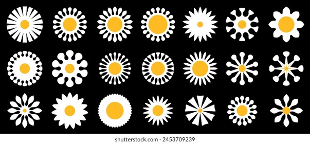 A modern array of sun patterns in black and white, featuring various rays and forms for a stylish, monochromatic design set on a dark background.