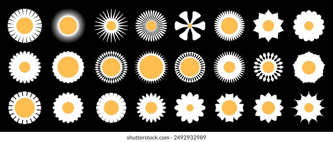 A modern array of sun patterns in black and white, featuring various rays and forms for a stylish, monochromatic design set on a dark background.