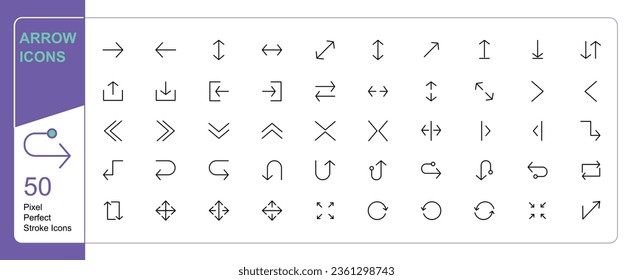 Modern Arrow icon 50 set single stroke vector collection expandable and color changeable pixel perfect arrow sets