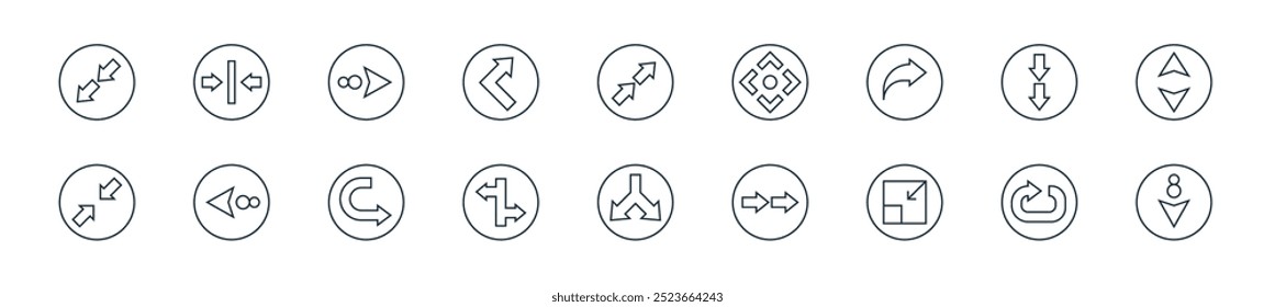 modern arrow icon pack. perfect for linear ui designs featuring vector navigate, next location, minimize, right arrow, directional arrow, junction, turn right and more icons for mobile and web apps.