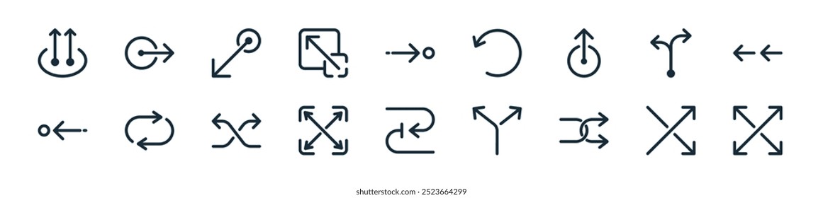 moderno ícone de seta pack. perfeito para projetos de ui lineares com arrastar vetor, cruz, embaralhar, dividir, bloquear, ampliar, dois sentidos e mais ícones para aplicativos móveis e web.